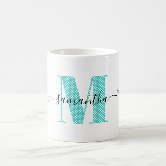 Girly Turquoise and White Polka Dot Monogram Coffee Mug (Center)
