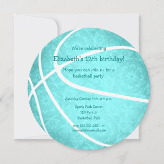 girly turquoise basketball birthday party round announcement