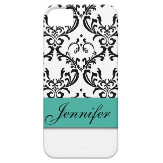 GIRLY TURQUOISE BLACK DAMASK YOUR NAME iPhone SE/5/5s CASE