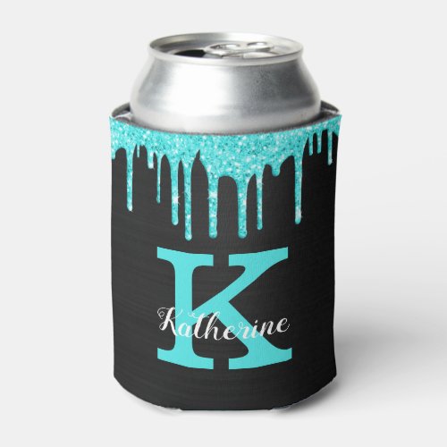 Girly Turquoise Black Glitter Drips Monogram Name Can Cooler