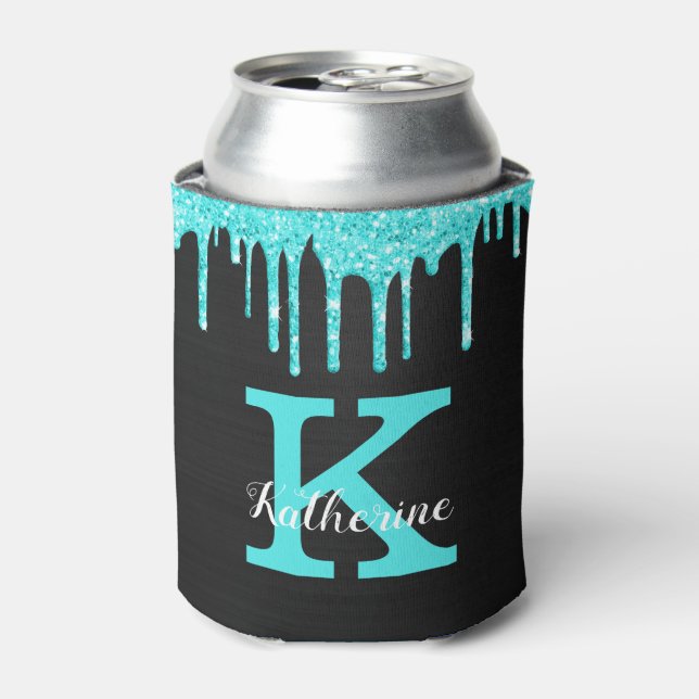 Girly Turquoise Black Glitter Drips Monogram Name Can Cooler (Can Front)