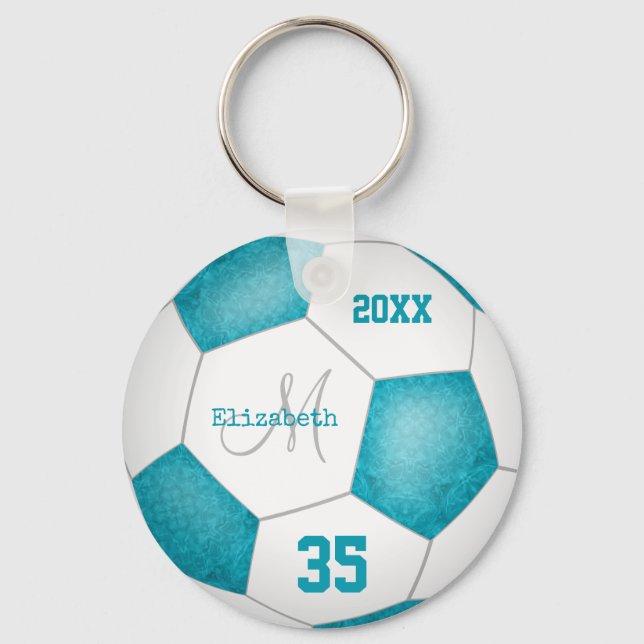 girly turquoise blue and white soccer season keychain (Front)
