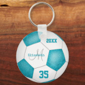 girly turquoise blue and white soccer season keychain (Front)