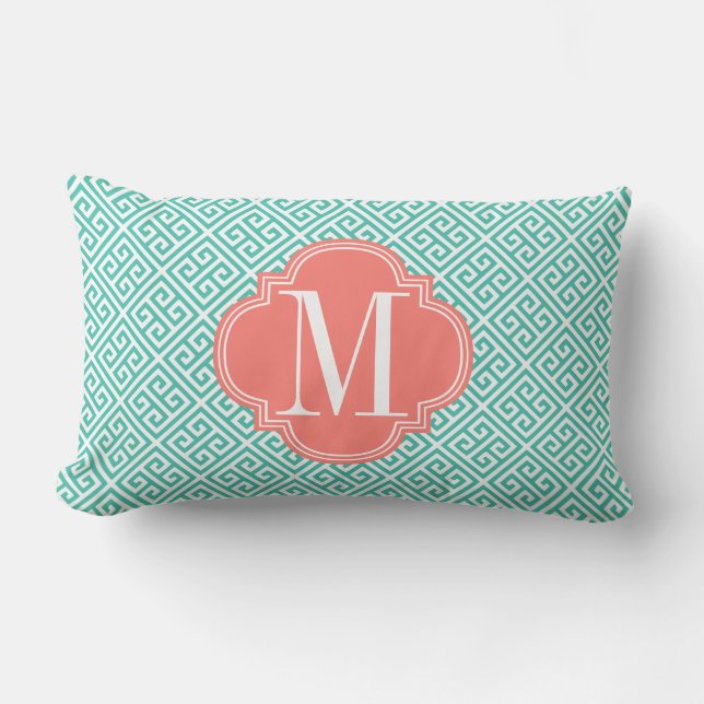 Girly Turquoise & Coral Greek Key Pattern Custom Lumbar Pillow (Front)