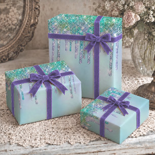 Girly Turquoise Dripping Faux Glitter Sparkle Wrapping Paper Sheets