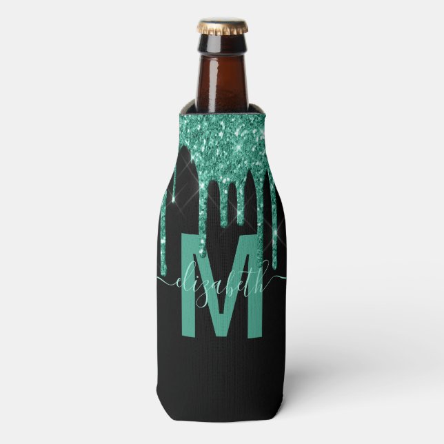Girly Turquoise Dripping Glitter Monogram Name Bottle Cooler (Bottle Front)