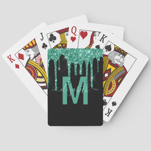 Girly Turquoise Dripping Glitter Monogram Name Poker Cards (Back)