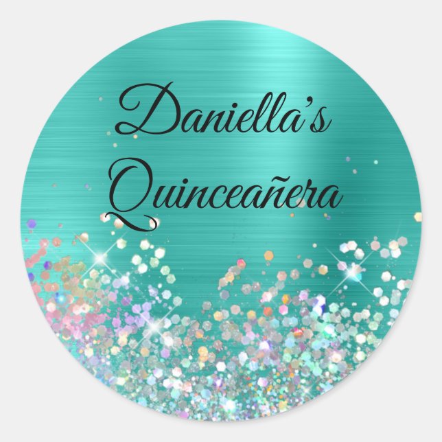 Girly Turquoise Foil Holo Glitter Birthday Classic Round Sticker (Front)