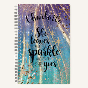 Girly Turquoise Gold Mermaid Glitter Custom Name Notebook
