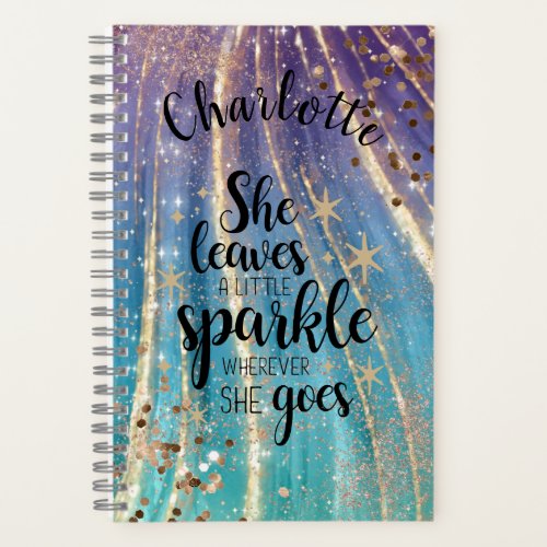 Girly Turquoise Gold Mermaid Glitter Custom Name  Notebook