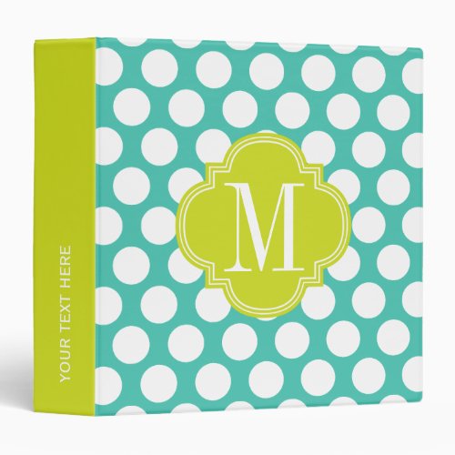 Girly Turquoise  green Big Dots Monogrammed 3 Ring Binder