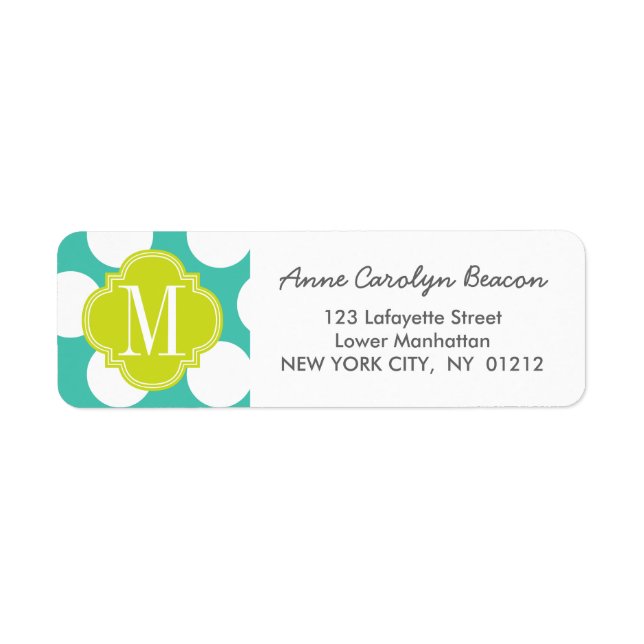 Girly Turquoise & green Big Dots Monogrammed Label (Front)