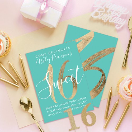 Girly Turquoise Green Gold Foil Sweet 16 Invitation