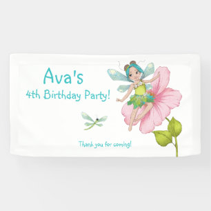 Girly Turquoise Green Pink Dragonfly Birthday Banner