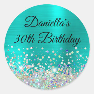 Girly Turquoise Ombre Holo Glitter 30th Birthday Classic Round Sticker