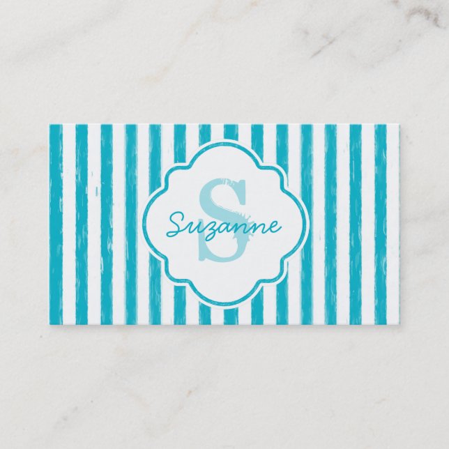 Girly Turquoise Painted Stripes Monogram and Name Business Card (Front)