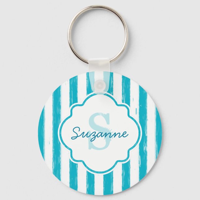 Girly Turquoise Painted Stripes Monogram and Name Keychain (Front)