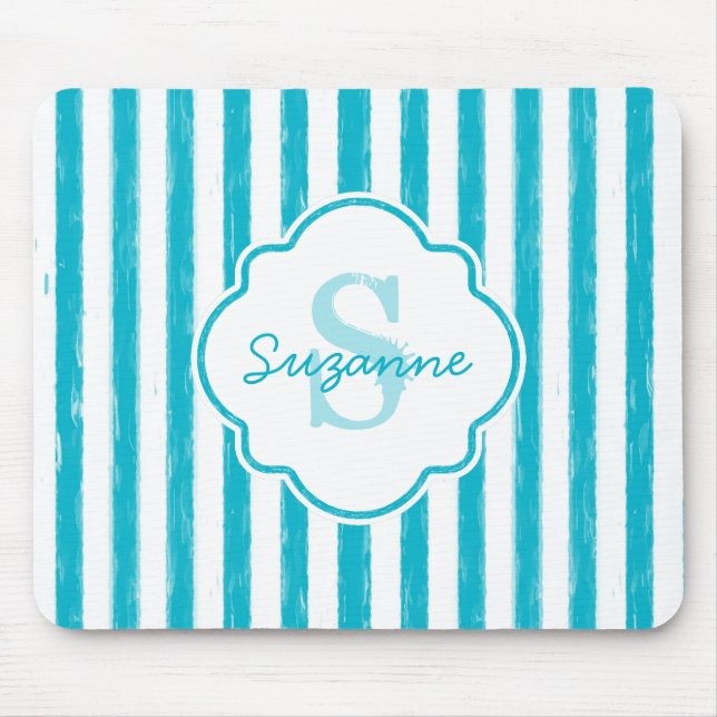 Girly Turquoise Painted Stripes Monogram and Name Mouse Pad (Front)