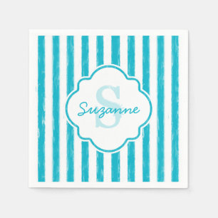 Girly Turquoise Painted Stripes Monogram and Name Paper Napkins