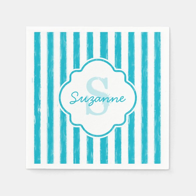 Girly Turquoise Painted Stripes Monogram and Name Paper Napkins (Front)