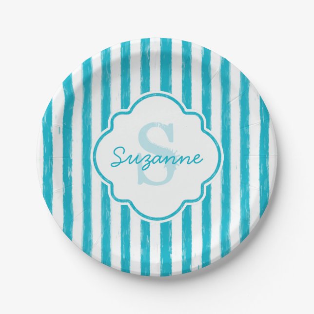Girly Turquoise Painted Stripes Monogram and Name Paper Plates (Front)