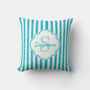 Girly Turquoise Painted Stripes Monogram and Name Throw Pillow