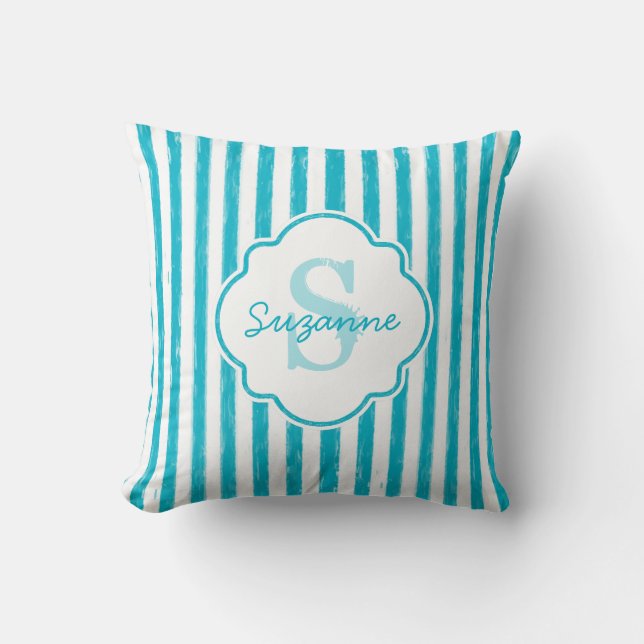 Girly Turquoise Painted Stripes Monogram and Name Throw Pillow (Front)