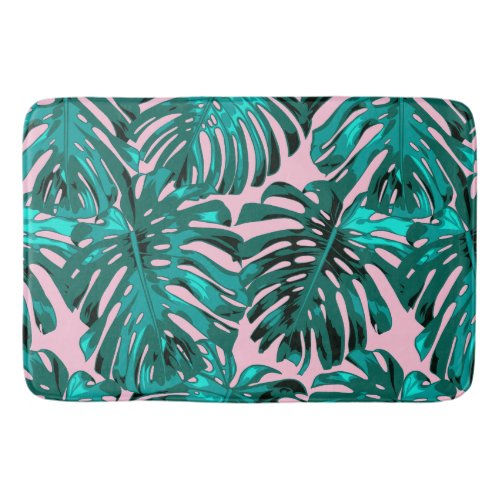 Girly Turquoise Pink Tropical Leaves Bath Mat