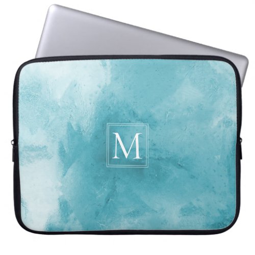 Girly Turquoise Teal Blue Marble  Monogram Laptop Sleeve