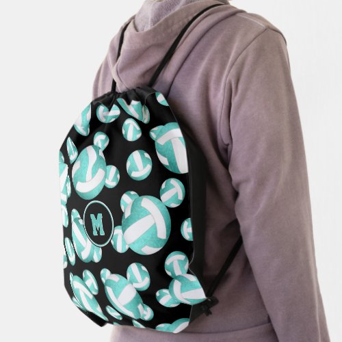 girly turquoise teal white volleyballs pattern drawstring bag