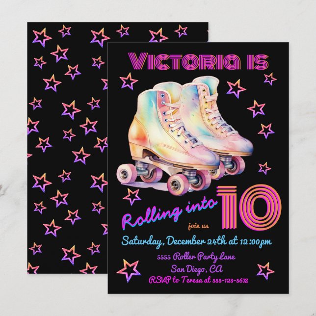 Girly tye dye pink Roller Skating Birthday Party Invitation (Front/Back)