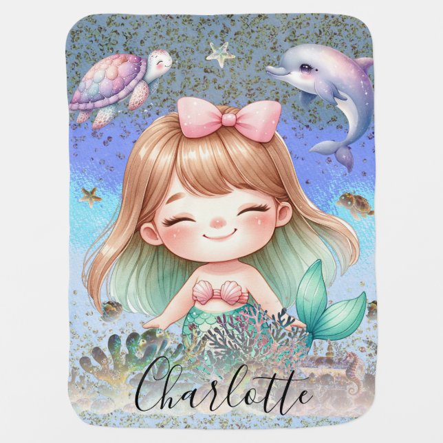 Girly ‘Under The Sea’ Mermaid With Blond Hair Baby Blanket (Front)