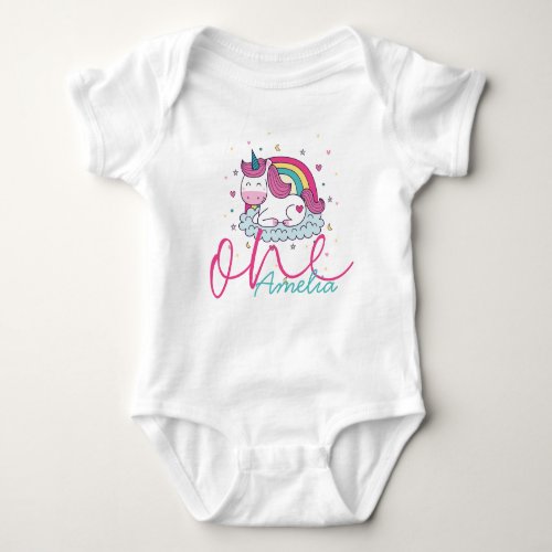 Girly Unicorn 1st Birthday Baby Bodysuit