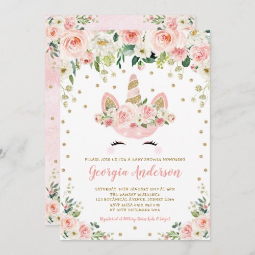 Girly Unicorn Baby Shower Blush Peach Gold Floral Invitation