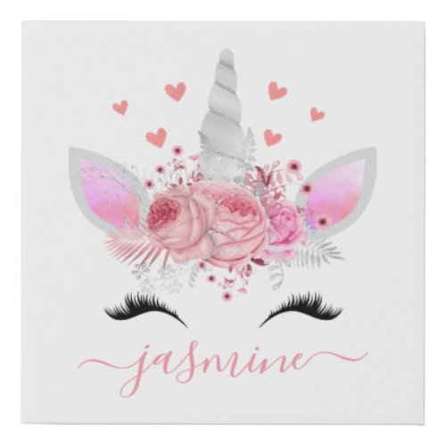 Girly Unicorn Coral Hearts Pink Floral Script Name Faux Canvas Print