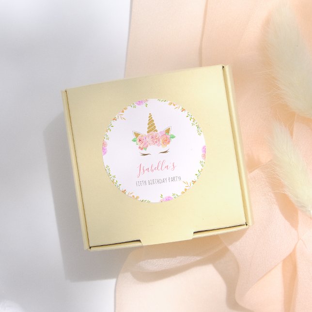 Girly Unicorn Face Script Name Birthday Party Classic Round Sticker (Creator Uploaded)