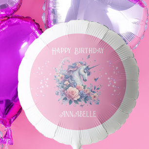 Girly Unicorn Flowers Pink Purple Girl Birthday Balloon