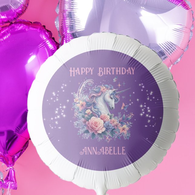 Girly Unicorn Flowers Pink Purple Girl Birthday  Balloon (Creator Uploaded)
