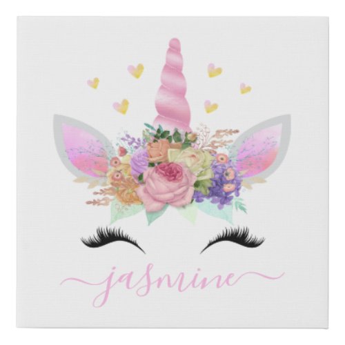 Girly Unicorn Gold Hearts Pink Floral Script Name Faux Canvas Print
