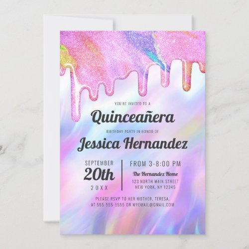 Girly Unicorn Holographic Glitter Drip Quinceaera Invitation