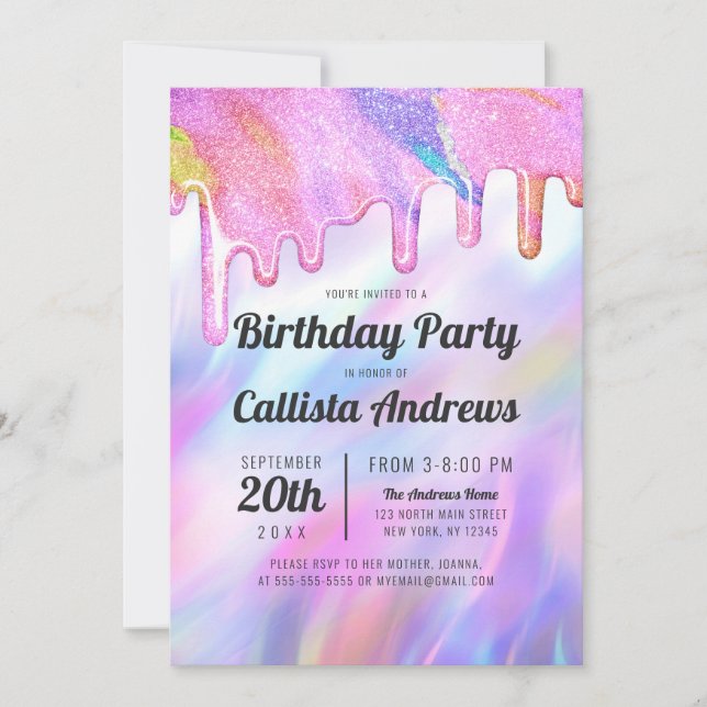 Girly Unicorn Holographic Glitter Drips Birthday Invitation (Front)