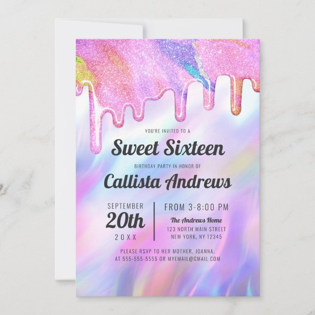 Girly Unicorn Holographic Glitter Drips Sweet 16 Invitation (Front)