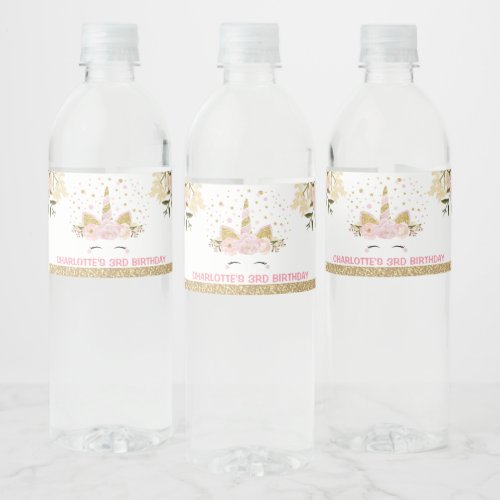 Girly Unicorn Pink Floral Birthday Party Favor Water Bottle Label