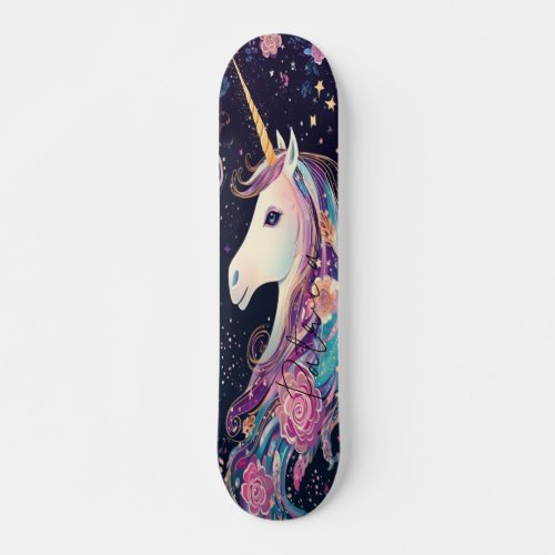 Girly Unicorn Rainbow Colors Floral Skateboard