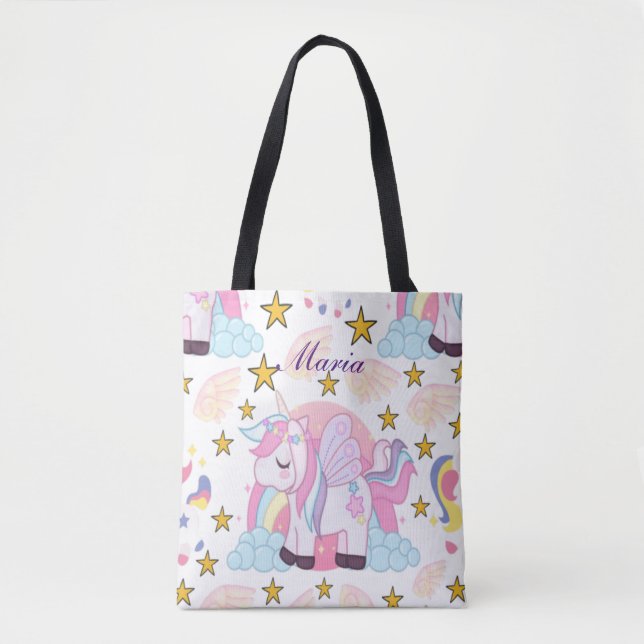 Girly Unicorn Rainbow Magical Name Personalized Tote Bag (Front)