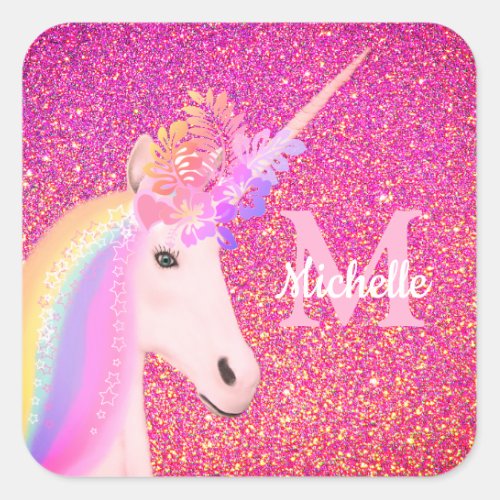 Girly Unicorn Rainbow Pink Glitter Monogram Name Square Sticker