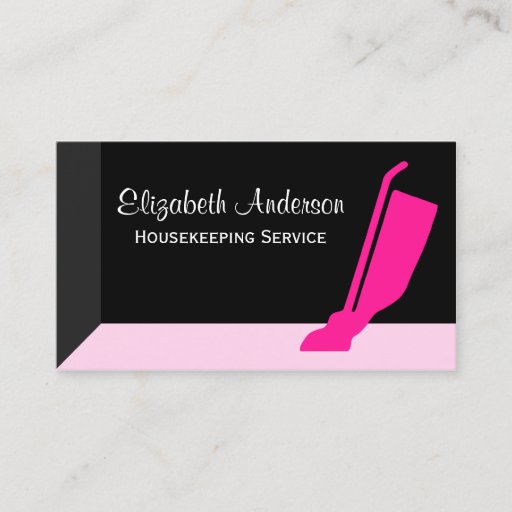 Customizable Girly Vacuum Pink and Black Housekeeping Service Business Cards