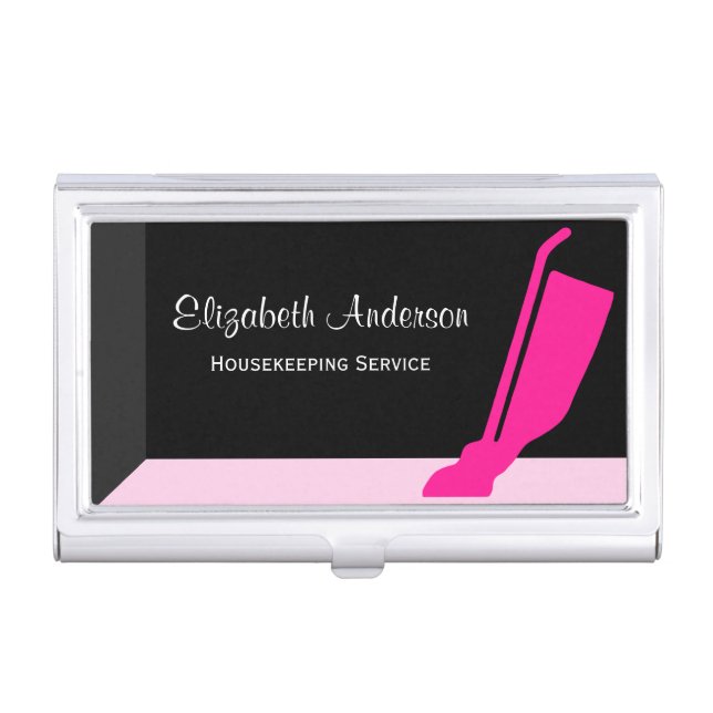 Girly Vacuum Pink and Black Housekeeping Service Case For Business Cards (Front)