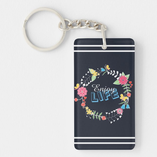 girly vibrant floral circle “Enjoy Life” words Keychain (Front)