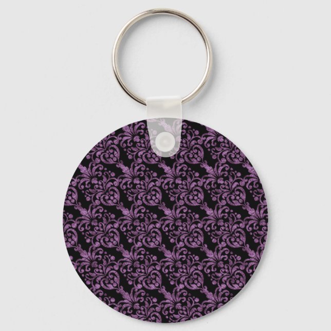 Girly Victorian Purple Glittery Damask Pattern Keychain (Front)